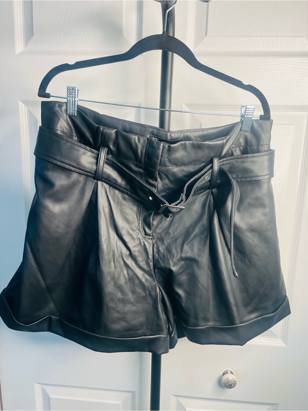 New York & Company Black Faux Leather High-Waist Paperbag Shorts with Belt